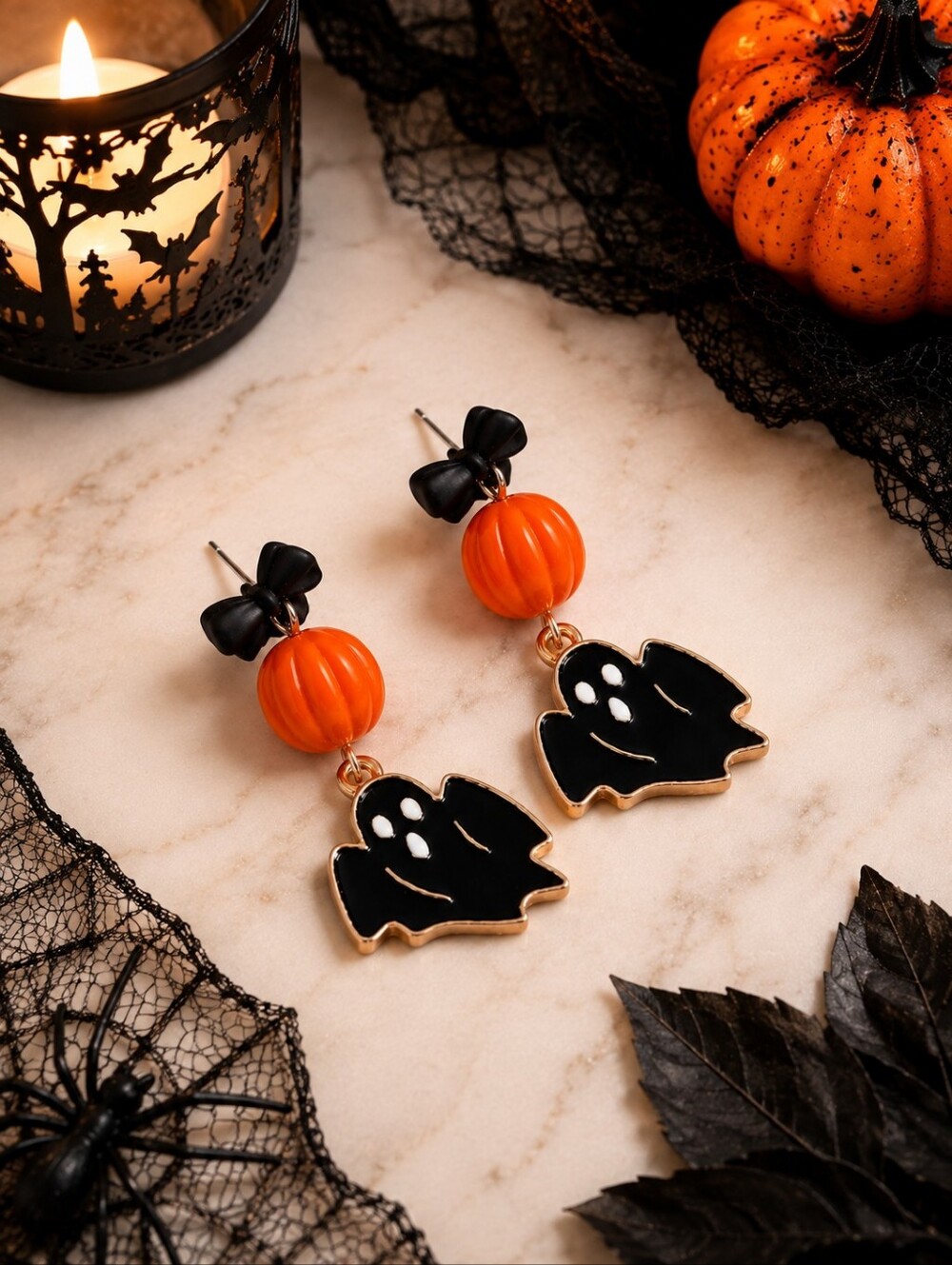 NEW Halloween Pumpkin‎ Ghost Bow Dangle Earrings Spooky Cute Jewelry
